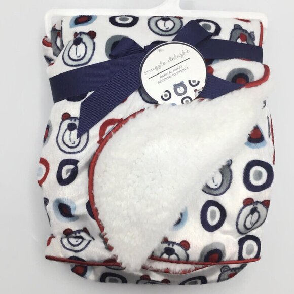 Snuggle Delight Busy Bear Sherpa Blanket Baby Minky Red White Blue 30x40 in. NEW - Picture 1 of 5